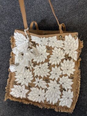 Embellished Brown Tote with White Beaded Floral Appliqué